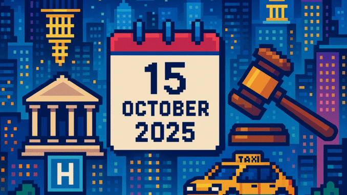 Tech Brief 15 October 2025 depicts an 8-bit pixel art scene of a digital cityscape with a central calendar marked 15 October 2025, featuring surrounding symbols of a quantum computer, a digital hospital, and robotic taxi to represent technological innovation and policy challenges.