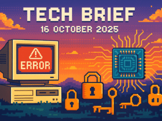 Tech Brief 16 October 2025 features an 8-bit pixel art of a retro computer setup showing error messages, a quantum chip, and symbols of cyber threats