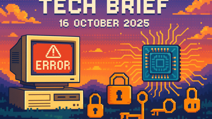 Tech Brief 16 October 2025 features an 8-bit pixel art of a retro computer setup showing error messages, a quantum chip, and symbols of cyber threats