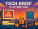 Tech Brief 16 October 2025 features an 8-bit pixel art of a retro computer setup showing error messages, a quantum chip, and symbols of cyber threats