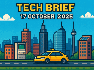 Tech Brief 17 October 2025: an 8-bit pixel art landscape featuring a city skyline with technological evolution from old computer towers to modern driverless taxis, with pixelated text overhead.
