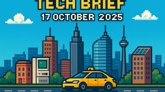 Tech Brief 17 October 2025: an 8-bit pixel art landscape featuring a city skyline with technological evolution from old computer towers to modern driverless taxis, with pixelated text overhead.