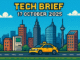Tech Brief 17 October 2025: an 8-bit pixel art landscape featuring a city skyline with technological evolution from old computer towers to modern driverless taxis, with pixelated text overhead.