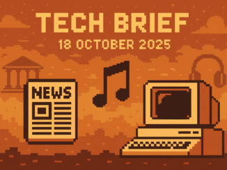 Tech Brief 18 October 2025 depicted in a retro 8-bit pixel art style featuring symbols of a newspaper, a music note, a classic 80s computer, a courtroom, and headphones.