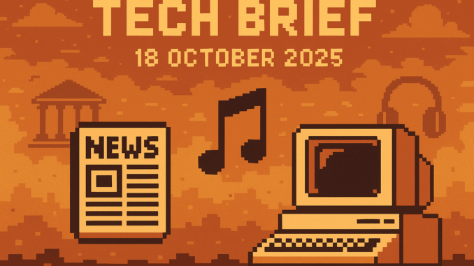 Tech Brief 18 October 2025 depicted in a retro 8-bit pixel art style featuring symbols of a newspaper, a music note, a classic 80s computer, a courtroom, and headphones.