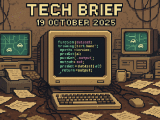 Tech Brief 19 October 2025 features an 8-bit pixel art image of a retro IT office packed with outdated technology and hints at modern AI and autonomous vehicles in the backdrop, symbolising the clash between old and new tech