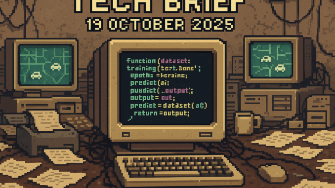 Tech Brief 19 October 2025 features an 8-bit pixel art image of a retro IT office packed with outdated technology and hints at modern AI and autonomous vehicles in the backdrop, symbolising the clash between old and new tech