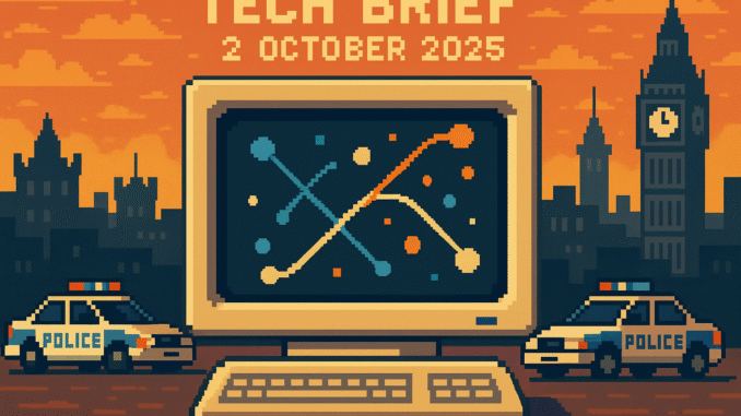 Tech Brief 2 October 2025 shows a pixel art image of a retro computer screen with abstract quantum computing symbols, background featuring pixel style police cars and British icons, emphasizing innovation in police technology.