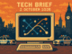 Tech Brief 2 October 2025 shows a pixel art image of a retro computer screen with abstract quantum computing symbols, background featuring pixel style police cars and British icons, emphasizing innovation in police technology.