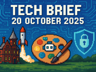 Tech Brief 20 October 2025 features an 8-bit pixel art scene with a Victorian mansion launching a rocket, digital overlays on an artist palette, and a cyber security shield, displaying the text Tech Brief 20 October 2025.