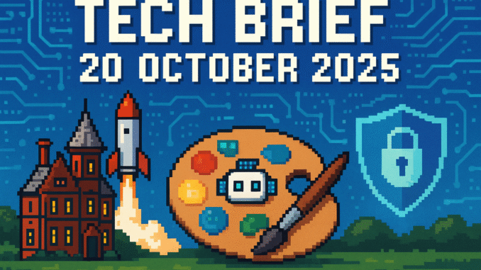 Tech Brief 20 October 2025 features an 8-bit pixel art scene with a Victorian mansion launching a rocket, digital overlays on an artist palette, and a cyber security shield, displaying the text Tech Brief 20 October 2025.