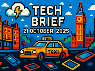 Tech Brief 21 October 2025 depicted in an 8-bit pixel art style showing an autonomous taxi on a London street, a cloud symbolising computing issues, and scattered digital devices, all in vibrant colours
