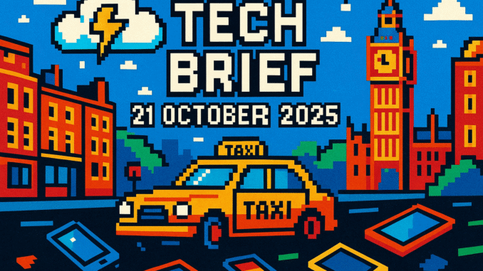 Tech Brief 21 October 2025 depicted in an 8-bit pixel art style showing an autonomous taxi on a London street, a cloud symbolising computing issues, and scattered digital devices, all in vibrant colours