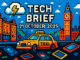 Tech Brief 21 October 2025 depicted in an 8-bit pixel art style showing an autonomous taxi on a London street, a cloud symbolising computing issues, and scattered digital devices, all in vibrant colours
