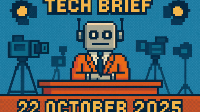 Tech Brief 22 October 2025 features an 8-bit style image of a pixelated robot presenting news in a vintage TV studio with cameras and lights, symbolising the integration of AI in media.