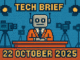 Tech Brief 22 October 2025 features an 8-bit style image of a pixelated robot presenting news in a vintage TV studio with cameras and lights, symbolising the integration of AI in media.