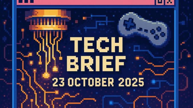 Tech Brief 23 October 2025 represented by an 8-bit pixel art image showing a quantum computer, a web browser window and a game controller set against a technological background, highlighting major themes from the tech briefing.