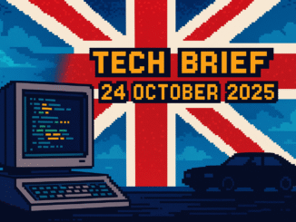 Tech Brief 24 October 2025 depicting an 8-bit pixel art scene with a computer screen showcasing codes and data, a Union Jack, and a car silhouette, emphasizing the focus on cyber security and national impacts