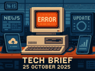 Tech Brief 25 October 2025 shows an 8-bit pixel art scene with an old computer displaying an error message, surrounded by modern devices, illustrating the blend of past and present technology.