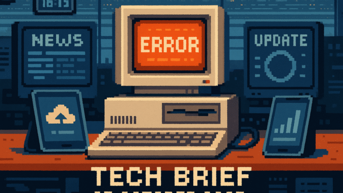 Tech Brief 25 October 2025 shows an 8-bit pixel art scene with an old computer displaying an error message, surrounded by modern devices, illustrating the blend of past and present technology.