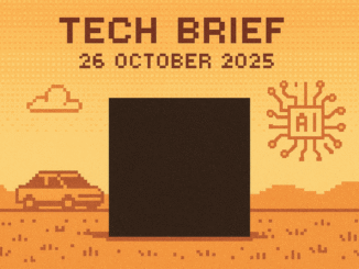 Tech Brief 26 October 2025 features an 8-bit pixel art image of a large black box representing inaccessible technology, with pixelated background elements including a car, a cloud, and an AI circuit; titled Tech Brief 26 October 2025 in pixel art style.