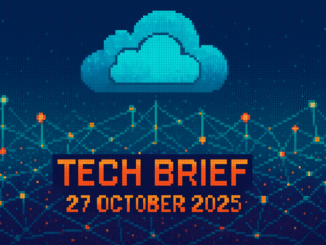 Tech Brief 27 October 2025 features a pixel art landscape depicting network nodes and connections with a cloud symbol, highlighting themes of connectivity and cloud computing, framed by the title in pixel art style.