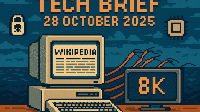 Tech Brief 28 October 2025 shows a retro pixel art scene featuring a 90s-style computer with Wikipedia, an 8K screen, undersea cables, a ransomware icon, and a microprocessor, highlighting central themes from the content.
