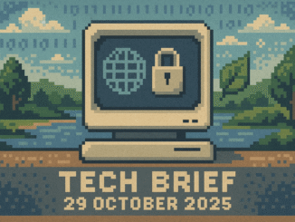 Tech Brief 29 October 2025 pixel art image featuring a retro computer terminal with symbols representing global connectivity, cybersecurity, and environmental sustainability, with the title text displayed in pixelated style.