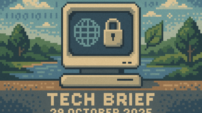 Tech Brief 29 October 2025 pixel art image featuring a retro computer terminal with symbols representing global connectivity, cybersecurity, and environmental sustainability, with the title text displayed in pixelated style.