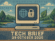 Tech Brief 29 October 2025 pixel art image featuring a retro computer terminal with symbols representing global connectivity, cybersecurity, and environmental sustainability, with the title text displayed in pixelated style.