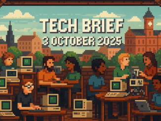 Tech Brief 3 October 2025 features an 8-bit pixel art scene of a bustling tech workshop in a UK city with people coding and using vintage computers, highlighting the text Tech Brief 3 October 2025 prominently displayed in the center.