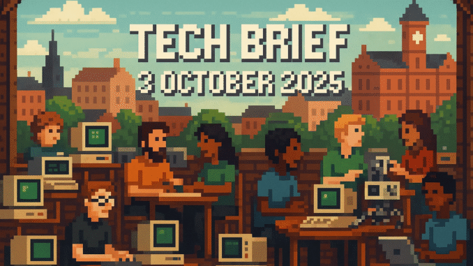 Tech Brief 3 October 2025 features an 8-bit pixel art scene of a bustling tech workshop in a UK city with people coding and using vintage computers, highlighting the text Tech Brief 3 October 2025 prominently displayed in the center.