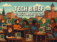 Tech Brief 3 October 2025 features an 8-bit pixel art scene of a bustling tech workshop in a UK city with people coding and using vintage computers, highlighting the text Tech Brief 3 October 2025 prominently displayed in the center.