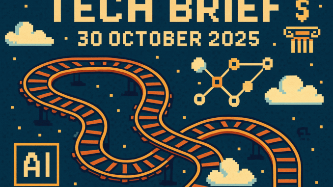 Tech Brief 30 October 2025 - 8-bit pixel art image showing a vintage rail system combined with modern digital symbols like clouds and network nodes, reflecting the blend of old and new technology.