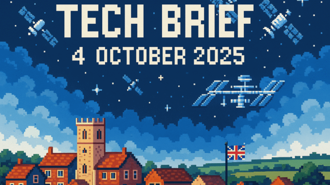 Tech Brief 4 October 2025 shows a pixel art image transitioning from a quaint British town in the foreground to high-tech satellites and a space station in the background, embodying the leap from regional innovation to futuristic technology.