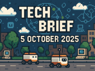 Tech Brief 5 October 2025 features a pixel art scene with boxy autonomous robots on a bustling street, pixel clouds, classic computers, and a background globe depicting open-source networks.