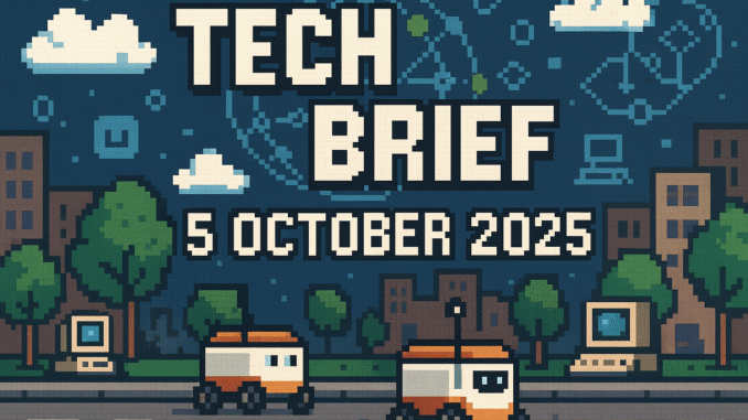 Tech Brief 5 October 2025 features a pixel art scene with boxy autonomous robots on a bustling street, pixel clouds, classic computers, and a background globe depicting open-source networks.