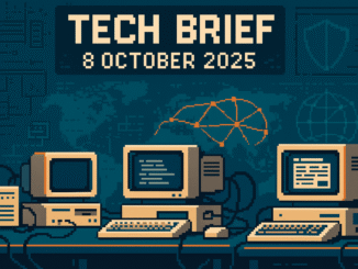 Tech Brief 8 October 2025 illustrated in 8-bit pixel art featuring a digital newsroom with vintage computers, symbolic global connections, and cyber security elements, emphasizing the theme of technology scrutiny and global impact.