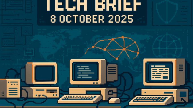 Tech Brief 8 October 2025 illustrated in 8-bit pixel art featuring a digital newsroom with vintage computers, symbolic global connections, and cyber security elements, emphasizing the theme of technology scrutiny and global impact.