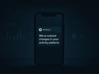 AI depression detection depicted through an illustration of a smartphone glowing in the dark, displaying a wellness app notification alongside biometric data like sleep graphs and heart rates in deep blues and teals.