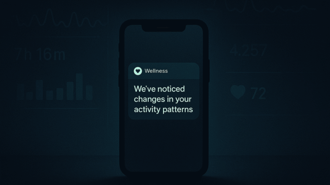 AI depression detection depicted through an illustration of a smartphone glowing in the dark, displaying a wellness app notification alongside biometric data like sleep graphs and heart rates in deep blues and teals.