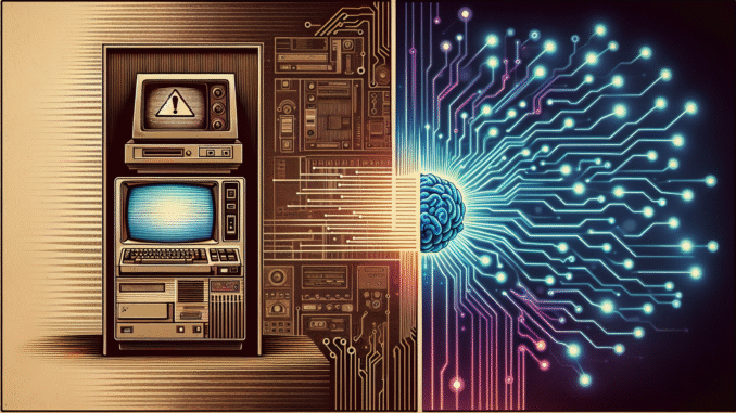 AI safety lessons: Visual timeline connecting Therac-25 radiation therapy disaster, Post Office Horizon scandal, and Intel FDIV bug to modern AI neural networks, illustrating repeating patterns of technological failure