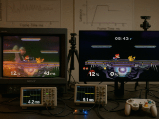 CRT gaming performance visualised with a side-by-side setup of a Sony Trinitron CRT and a modern OLED monitor in a technical lab, featuring latency measurement tools and gaming hardware.