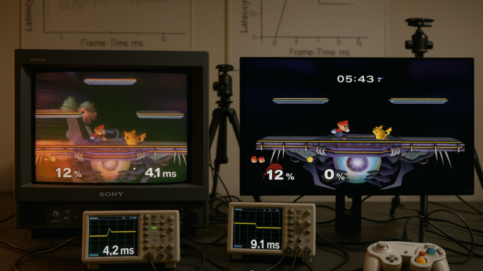 CRT gaming performance visualised with a side-by-side setup of a Sony Trinitron CRT and a modern OLED monitor in a technical lab, featuring latency measurement tools and gaming hardware.