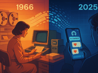 ELIZA effect visualised through a retro-futuristic split-screen illustration comparing a 1966 MIT office with a woman at a vintage computer and a 2025 person using a modern smartphone chatbot, connected by a stream of evolving data.