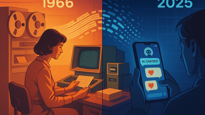 ELIZA effect visualised through a retro-futuristic split-screen illustration comparing a 1966 MIT office with a woman at a vintage computer and a 2025 person using a modern smartphone chatbot, connected by a stream of evolving data.