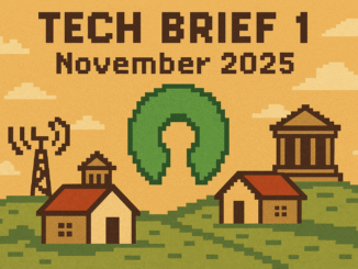 Tech Brief 1 November 2025 featuring a pixel art scene of a large open padlock symbolising open source, surrounded by rural homes and courthouses, in a colourful 8-bit style