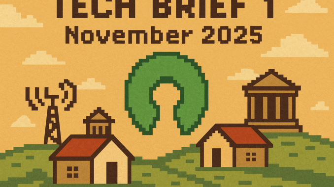Tech Brief 1 November 2025 featuring a pixel art scene of a large open padlock symbolising open source, surrounded by rural homes and courthouses, in a colourful 8-bit style