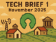 Tech Brief 1 November 2025 featuring a pixel art scene of a large open padlock symbolising open source, surrounded by rural homes and courthouses, in a colourful 8-bit style