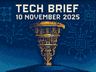 Tech Brief 10 November 2025 featuring an 8-bit pixel art image of a futuristic quantum computer and symbols of AI technologies with the title in a distinct pixelated style.